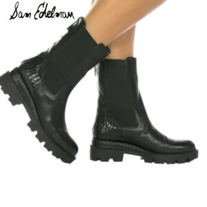 Sam Edelman Genia Crocodile Black Leather Ankle Chelsea Lug Chunk Boot Women 5.5